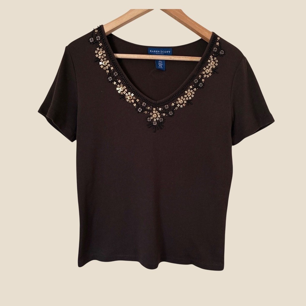 Karen Scott Petites Brown Grunge Y2K  Beaded V-Neck Short Sleeve Cotton Top PS